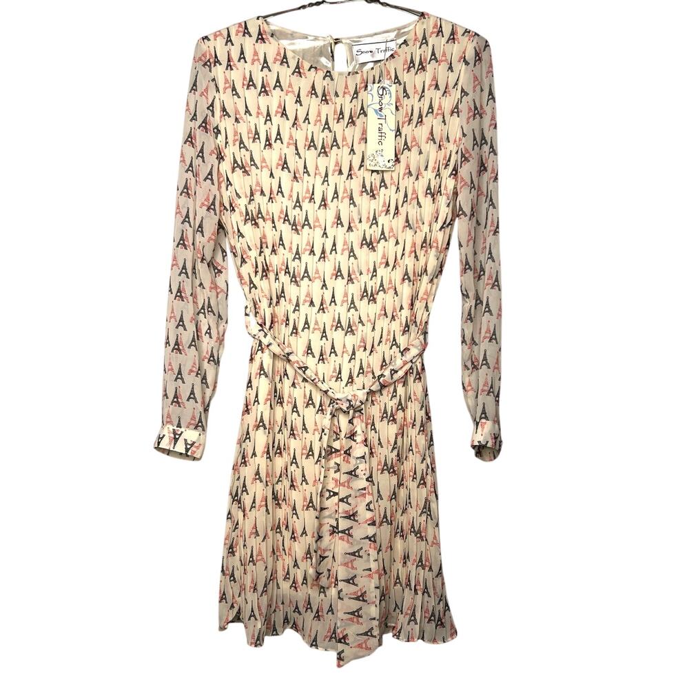 Vintage Y2K Eiffel Tower Print Dress Snow Traffic Size Small Pleated Belted NWT
